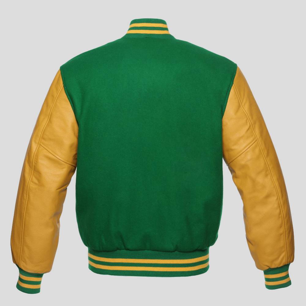 Green Body and Gold Leather Sleeves Varsity College Jacket