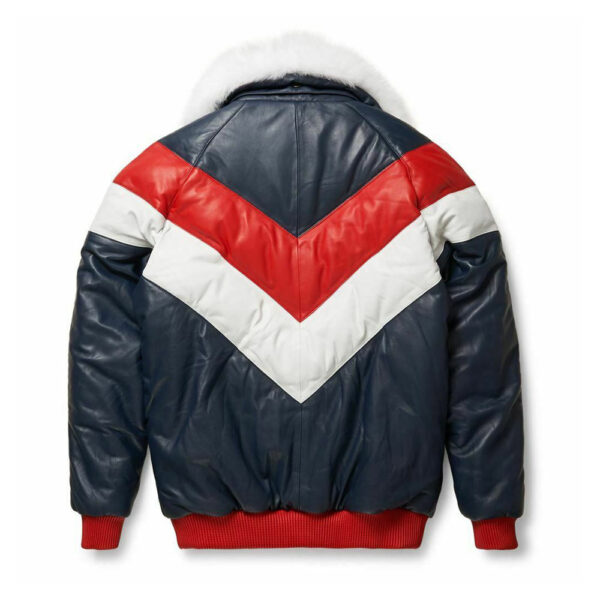 Leather V-Bomber Jacket Red White Blue With White Fox Fur