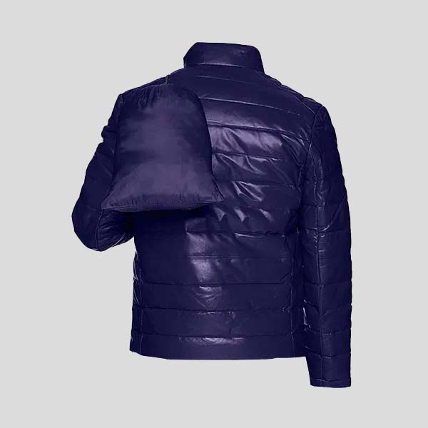Dark Blue Men's Leather Packable Down Filled Puffer Jacket