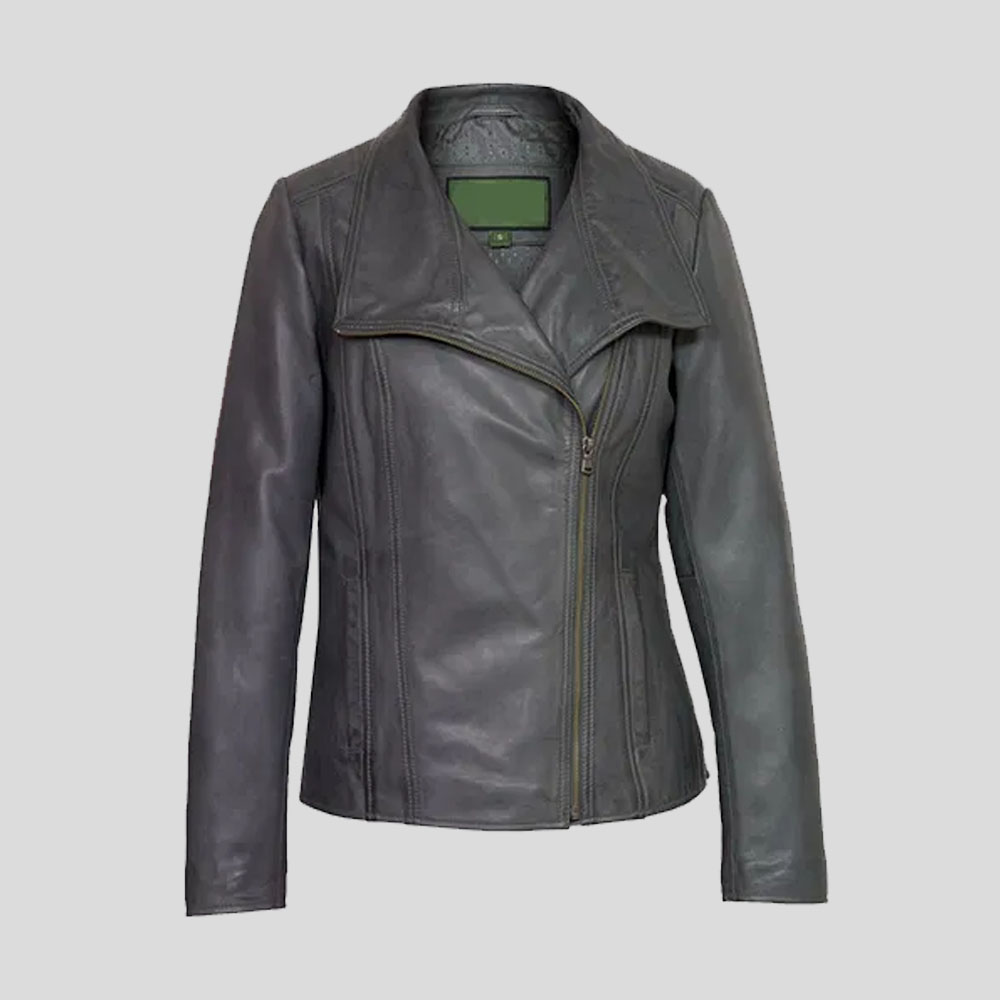 Womens Grey Leather Biker Jacket