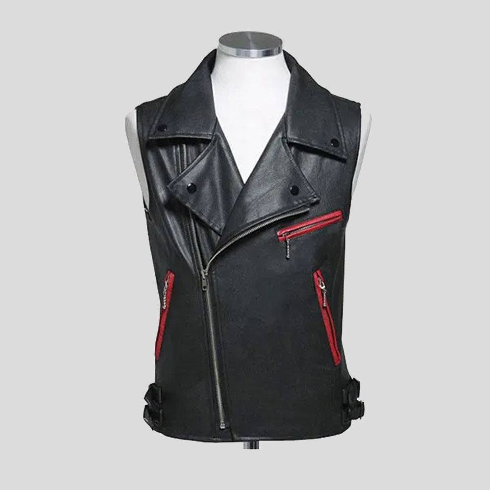 Black Ideal Leather Vest for Mens with Red Zipper Pocket
