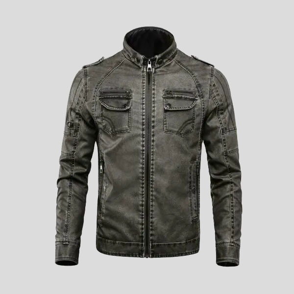 Chest Pocket Black Leather Jacket099