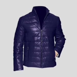 Dark Blue Men's Leather Packable Down Filled Puffer Jacket