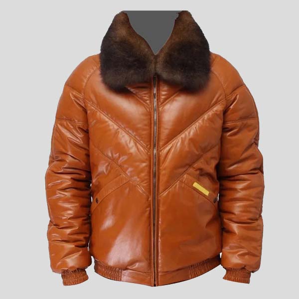 Leather V-Bomber Jacket Red White Blue With White Fox Fur