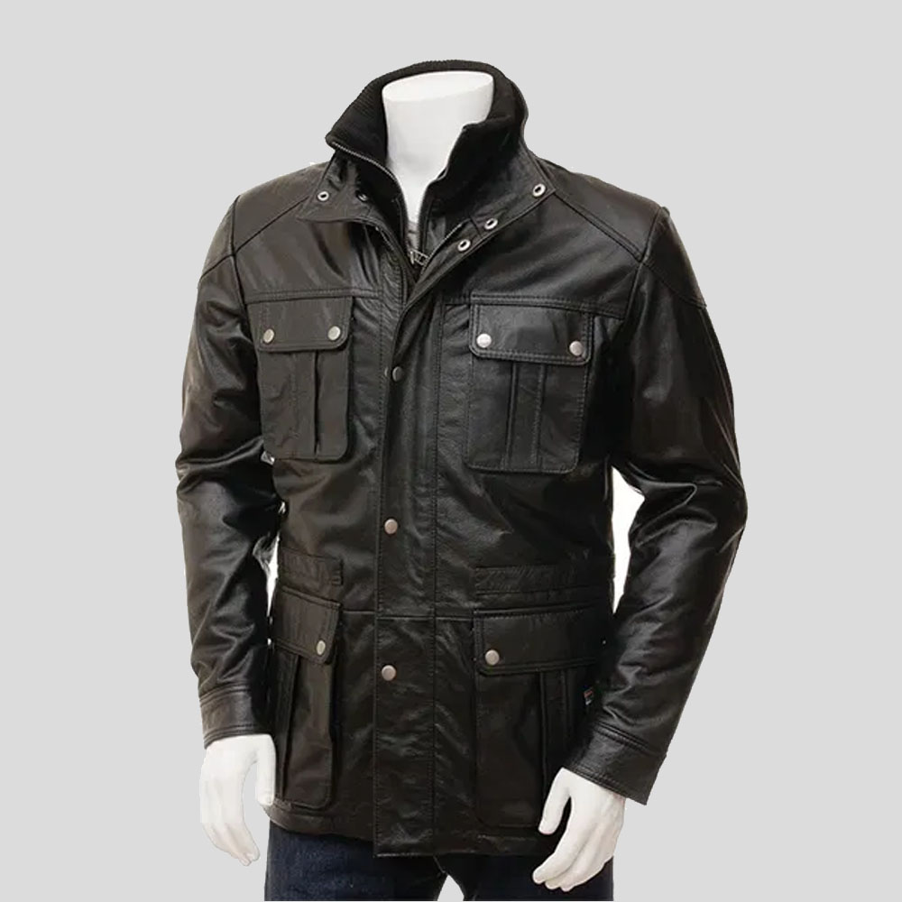 Men’s Black Leather Coat with buttons