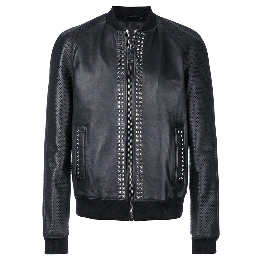 Mens-Bomber-Studded-Dotted-Pattern-Leather-Jacket