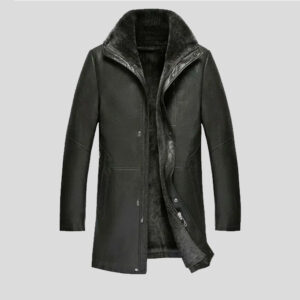 Men’s Fleeces Lined Real Leather Jacket Mid Long Overcoat Lapel Coat