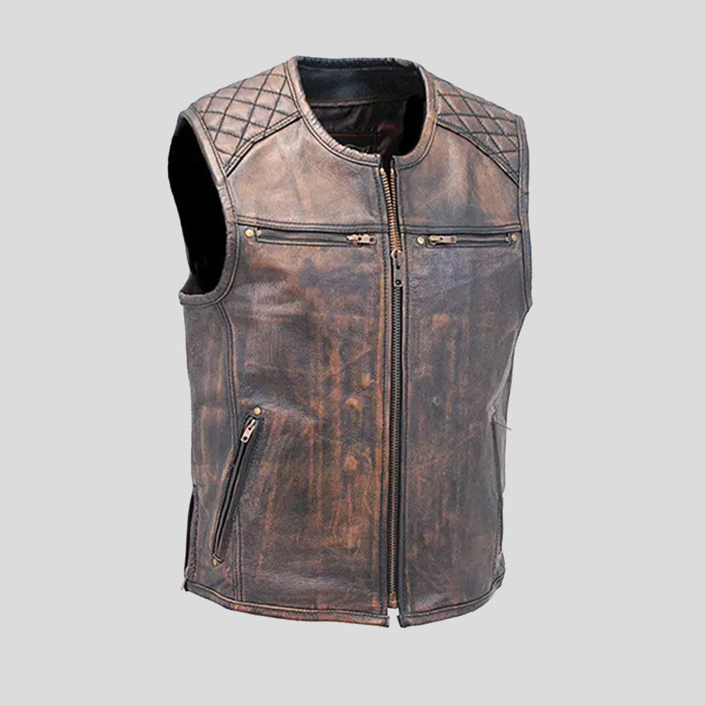 Men’s Vintage Brown Quilt Shoulder Leather Gun Vest
