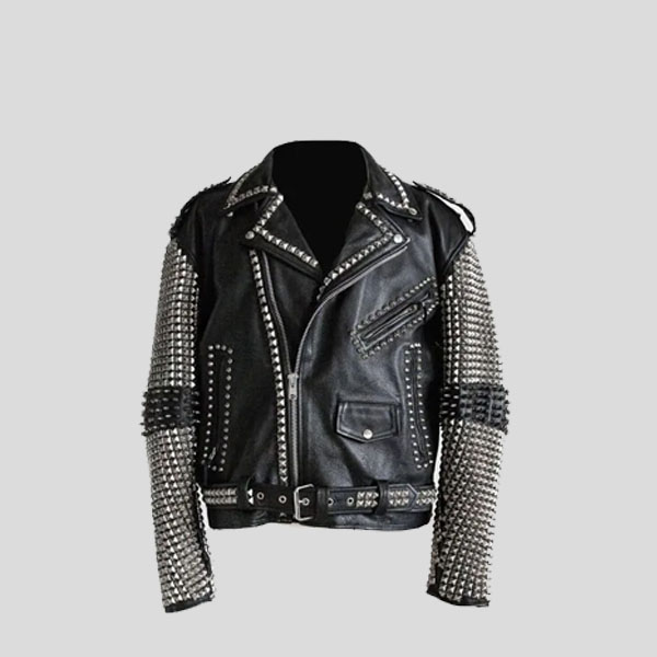 New Men’s Full Black Punk Silver Spiked Studded Cowhide Leather Jacket