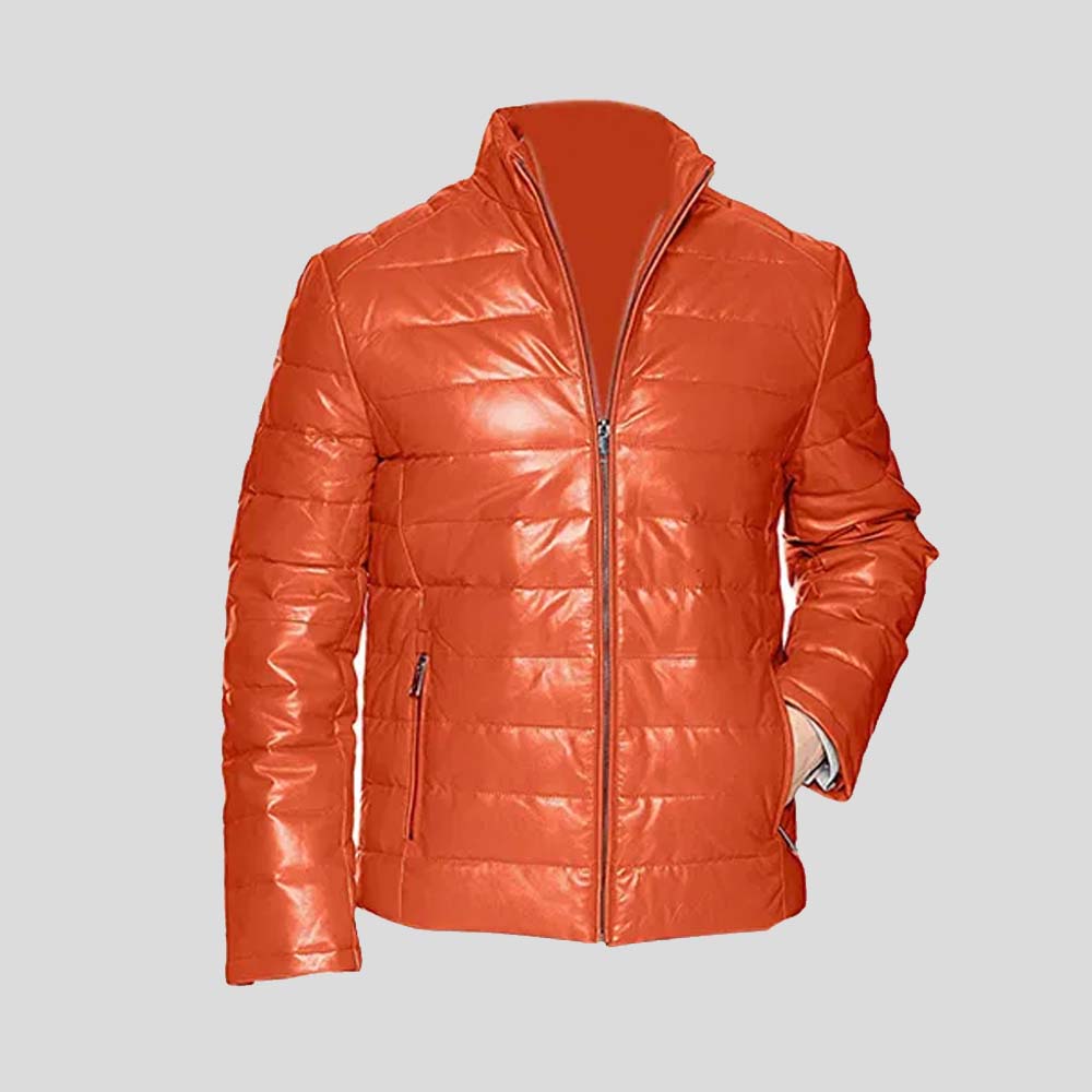 Orange Men's Leather Packable Down Filled Puffer Jacket