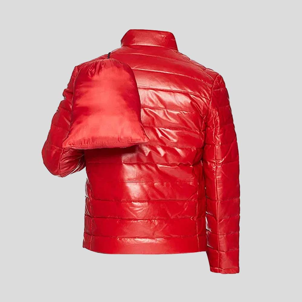 Red Men’s Leather Packable Down Filled Puffer Jacket 4