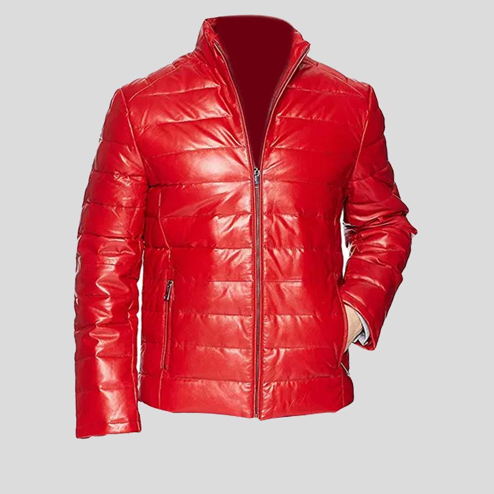 Red Men’s Leather Packable Down Filled Puffer Jacket
