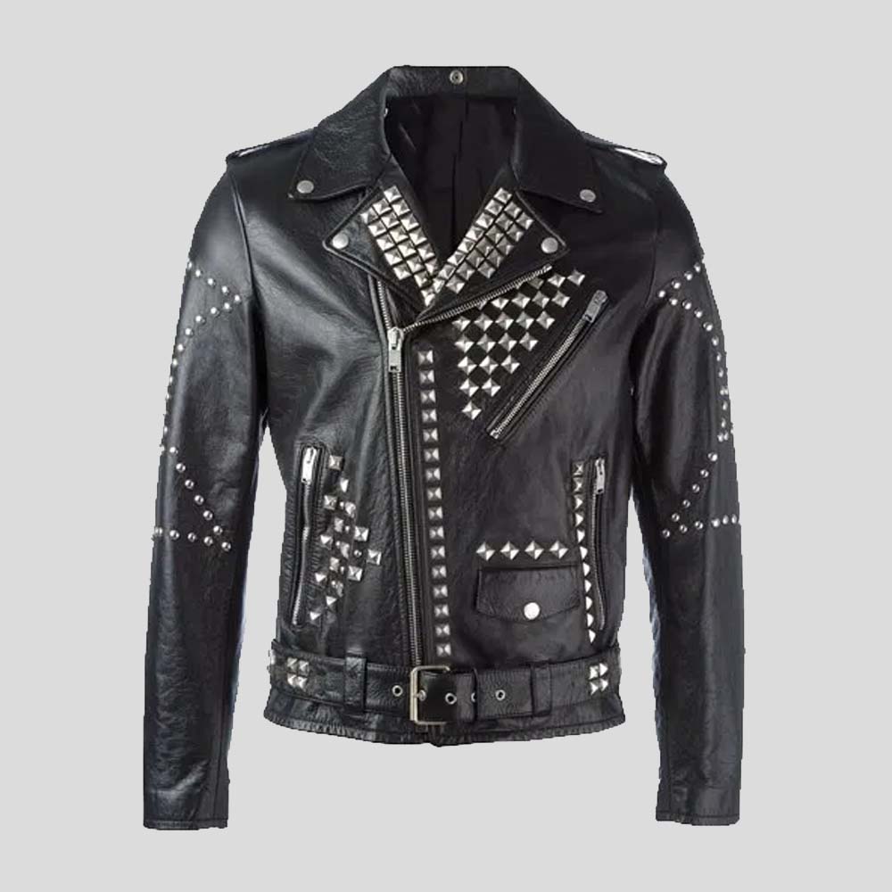 Star Studded Handmade Black Leather Jacket for Men Designer Fashion Leather Jacket