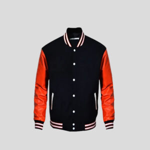 Top Quality Wool Melton Black and Genuine Leather Sleeves Varsity Jacket
