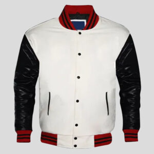 Top Quality Wool Melton White and Genuine Leather Sleeves Varsity Jacket