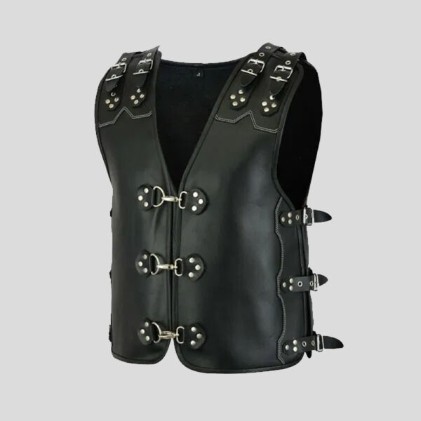 Triple Straps Leather Men Vest Real Sheep Full Black Leather