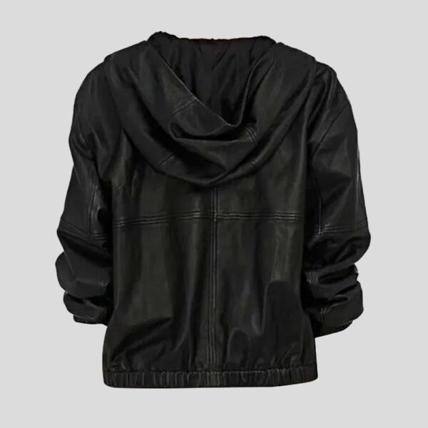 Women's Hooded Black Leather Bomber Jacket