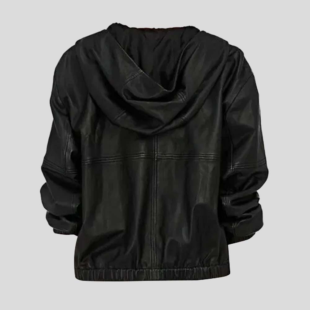 Women’s Hooded Black Leather Bomber Jacket 1