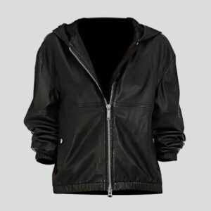 Women's Hooded Black Leather Bomber Jacket