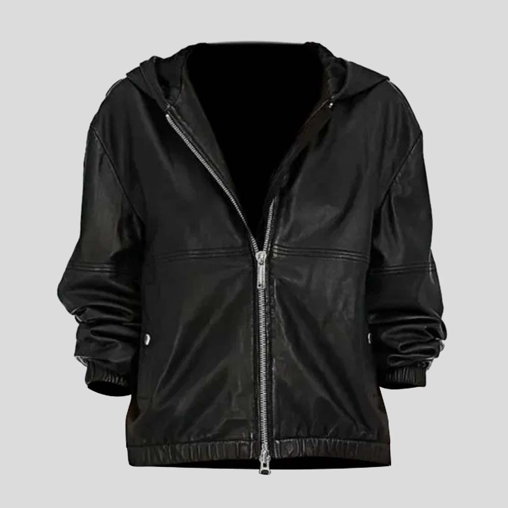 Women’s Hooded Black Leather Bomber Jacket