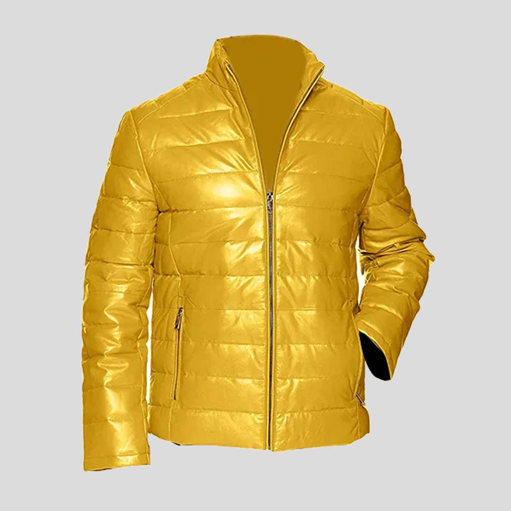 Yellow Men’s Leather Packable Down Filled Puffer Jacket