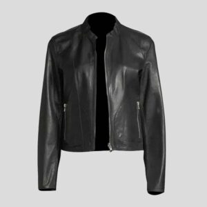 Zip-Front Lamb Leather Metallic Bomber Jacket