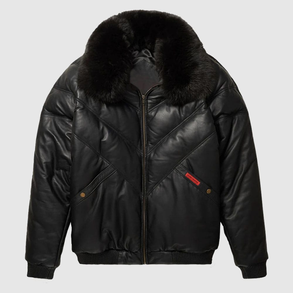 Leather V-Bomber Jacket Black with Black Fox Fur