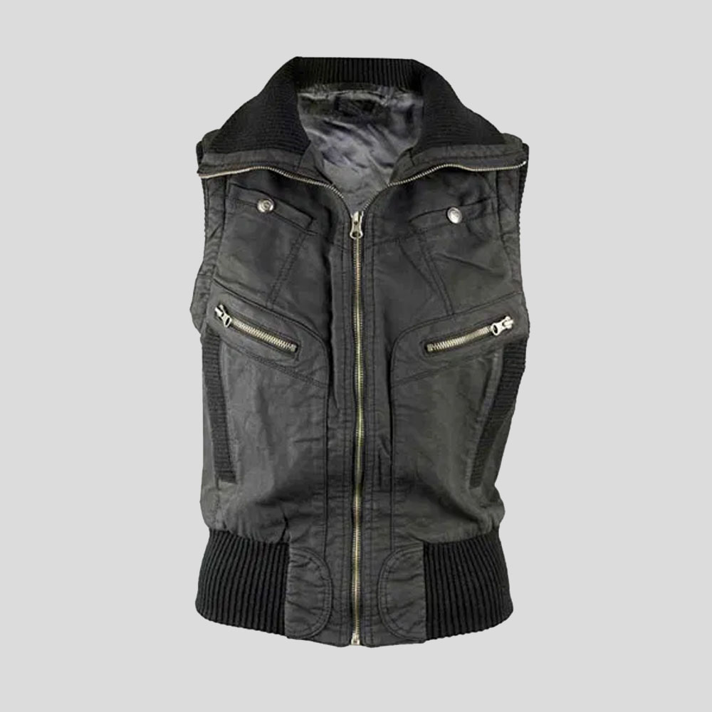 Mens Black Leather Vest with Zipper