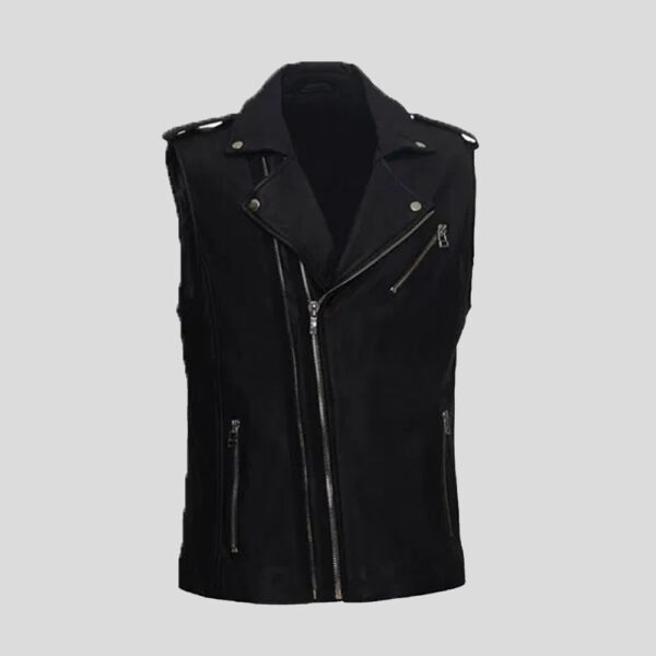 Mens Black Zipper and Shoulder Leather Vest