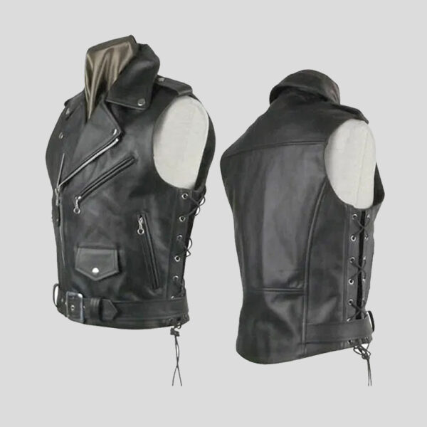 Mens Dark Leather Vest with strips and open zipper – Tapfer