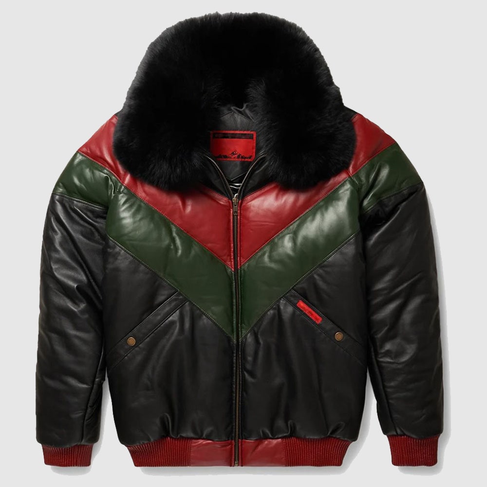 Red Green And Black V-Bomber Leather Jacket